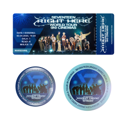 Zestaw holograficzna przypinka i naklejka SEVENTEEN [RIGHT HERE] WORLD TOUR IN CINEMAS (wersja 1) + BILET GRATIS!