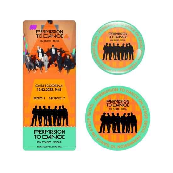 Zestaw perłowa przypinka i naklejka BTS PERMISSION TO DANCE ON STAGE - SEOUL (wersja 1) + BILET GRATIS!