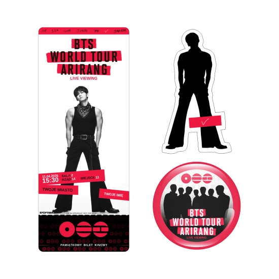 Zestaw holograficzna przypinka i naklejka BTS World Tour ‘ARIRANG’: Live Viewing + BILET GRATIS!