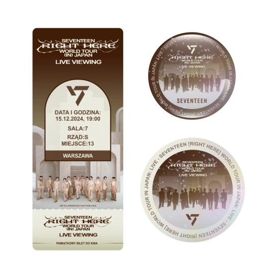 Zestaw holograficzna przypinka i naklejka SEVENTEEN [RIGHT HERE] (wersja 1) + BILET GRATIS!