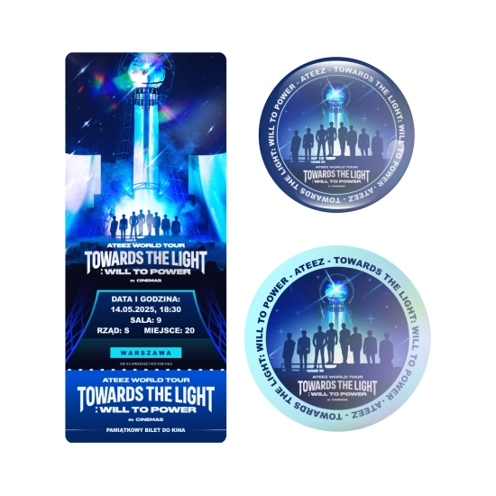 Zestaw holograficzna przypinka i naklejka ATEEZ [TOWARDS THE LIGHT: WILL TO POWER] IN CINEMAS (wersja 2) + BILET GRATIS!
