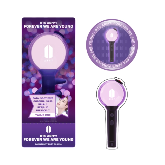 Zestaw holograficzna przypinka i naklejka BTS Army: Forever We Are Young + BILET GRATIS!